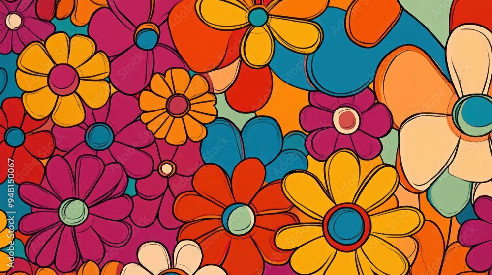 Poster a vibrant display of multicolored flowers in a retro style, featuring bold lines and playful hues. p