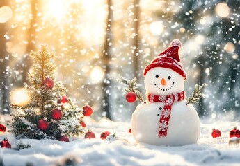 Snowman in a Winter Wonderland with Christmas Ornaments and a Snowy Forest