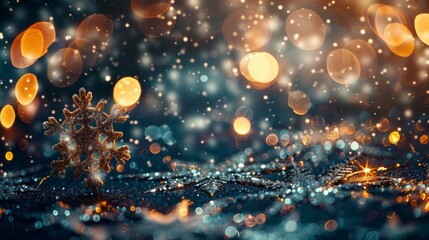 A snowflake is on a blue background with a lot of light and snow