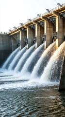 Water flows vigorously from multiple gates of a hydroelectric dam, showcasing energy generation and engineering on a sunny afternoon