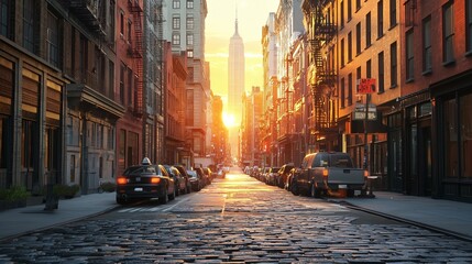 New york city manhattan soho street at sunset time background.