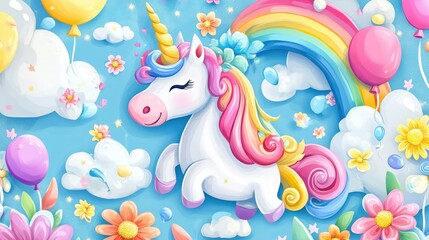 Obraz premium A whimsical unicorn with a rainbow mane happily jumps among colorful balloons and flowers, creating a joyful and magical atmosphere.