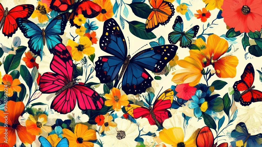 Poster a vibrant array of colorful butterflies resting among blooming flowers, creating a lively and enchan