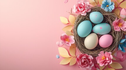 Happy easter day decoration colorful eggs in nest on paper background with copy space.