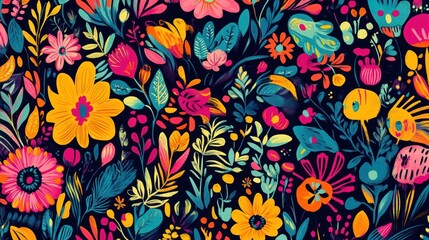 A vibrant floral pattern filled with colorful flowers and foliage on a dark background, perfect for artistic designs.
