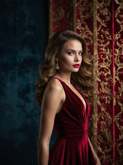 Fototapeta premium A young woman in a red evening gown, posing dramatically against a luxurious velvet backdrop.