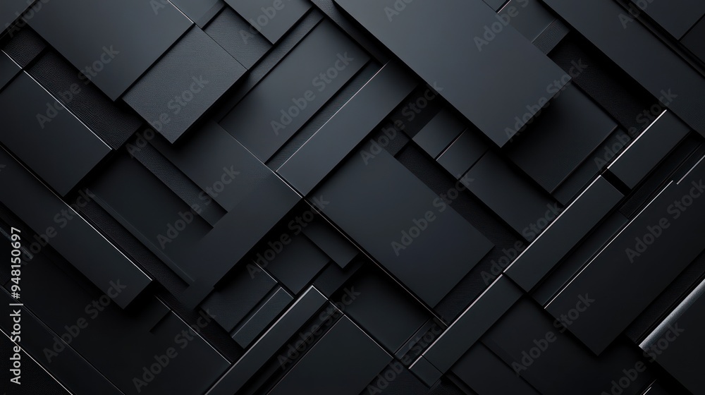 Poster an abstract composition of black rectangular panels stacked in a geometric arrangement, creating a m