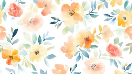 Obraz premium A vibrant watercolor floral pattern featuring soft peach, coral, and yellow flowers on a white background.