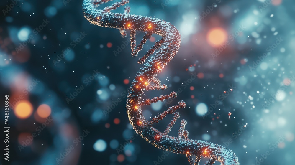 Poster a stunning representation of a dna helix illuminated with sparkling lights against a cosmic backgrou