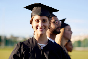 Happy woman, portrait and student with graduation class for academic achievement or qualification...