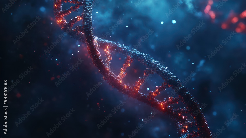 Poster a stunning representation of a dna double helix in vibrant red and blue lights, symbolizing the comp