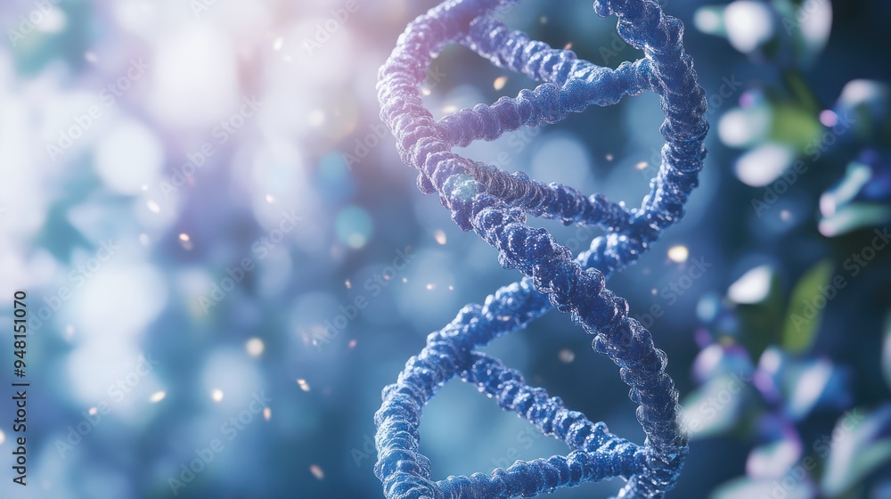Poster a captivating 3d rendering of a double helix dna structure, shimmering in a vibrant blue gradient ag