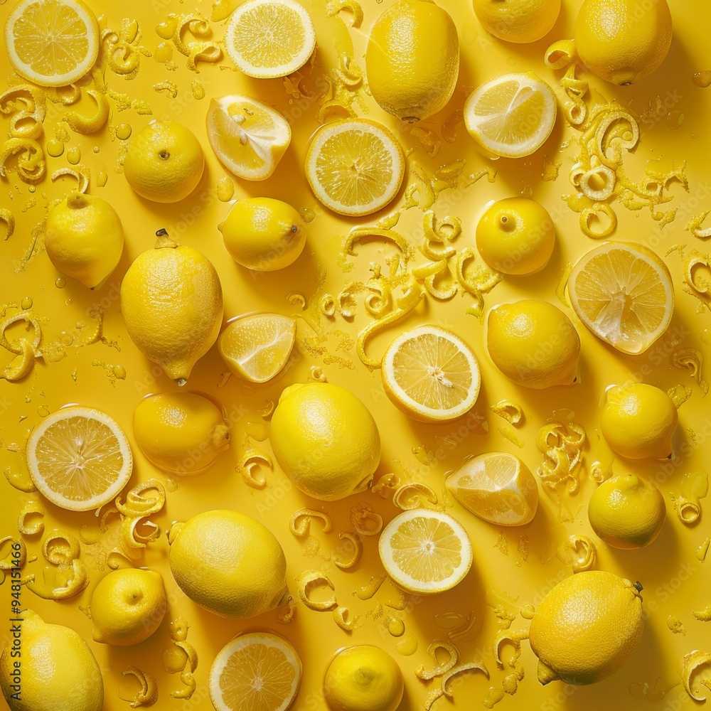 Poster Lemon background displaying a collection of fresh lemons and lemon zest spread out evenly, capturing the fruit's natural sheen and texture in a dynamic layout