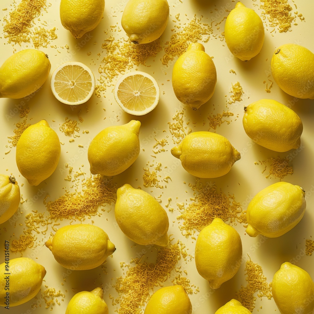 Poster Lemon background displaying a collection of fresh lemons and lemon zest spread out evenly, capturing the fruit's natural sheen and texture in a dynamic layout