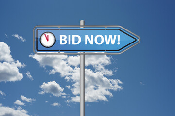Auction eventdirectional sign for bidding, featuring a clock, perfect for auction ads and promotions