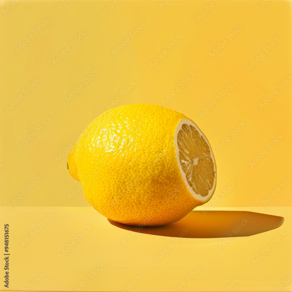 Poster Lemon background highlighting a single, large lemon with a focus on its detailed surface and vibrant yellow color, surrounded by a minimalistic backdrop