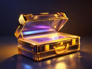 Radiant 3D holographic briefcase icon, golden light, semi-transparent, floating in a modern, dark workspace