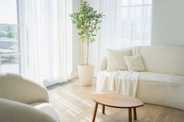 Stylish loft bedroom interior. Spacious design apartment with light walls large windows white couch sofa and armchair. Clean modern decoration with elegant furniture in minimalist Scandinavian style