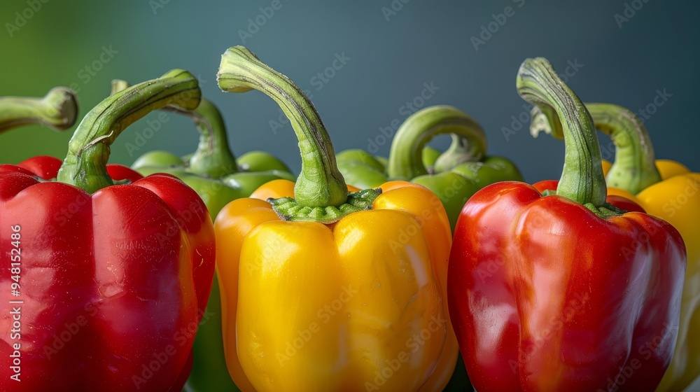 Poster multiple chili peppers with their stems intact, showing a shiny texture and vibrant colors