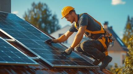 A handyman installing solar panels on the rooftop.