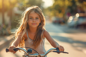 Obraz premium Little Girl Riding a Bike on a Sunny Day