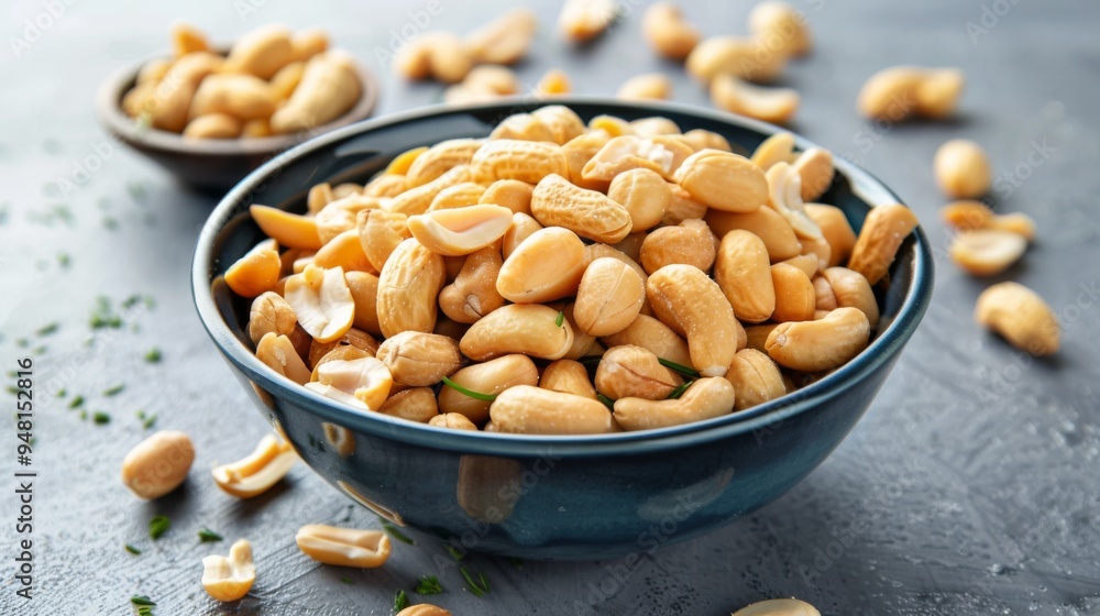Fototapete overhead shot of a bowl overflowing with roasted peanuts, with a clean and simple background that em