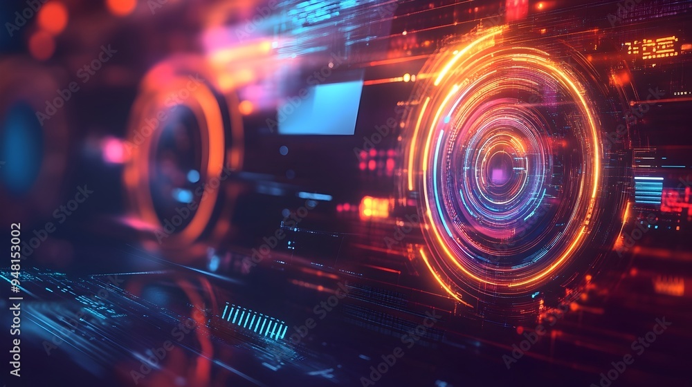 Poster futuristic digital interface with floating transparent holographic circles symbolizing innovation