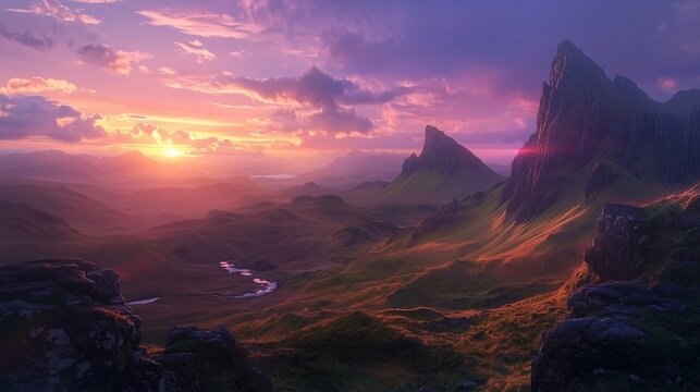 Quiraing mountains sunset at isle of skye scottland united kingdom.
