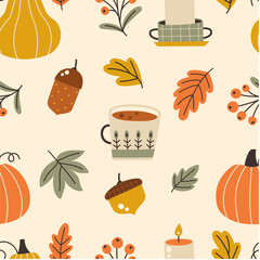 Autumn seamless pattern with cups, various leaves, plants and pumpkins. Vector illustration