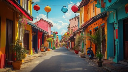 Naklejka premium Vibrant Southeast Asian street with colorful buildings and traditional architecture, cultural charm