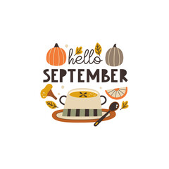 Autumn greeting card with the inscription Hello September. Drawings of pumpkin soup, pumpkins and other elements. Vector illustration