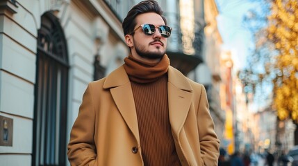 Photo of a young fashion stylish trendy look man model in color clothes modern style outdoor street style natural light.