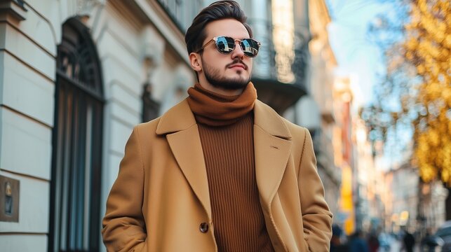 Photo of a young fashion stylish trendy look man model in color clothes modern style outdoor street style natural light.