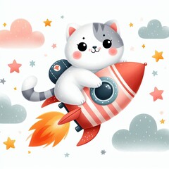 Naklejka premium a childish Cute Cat Flying With Rocket portrait, minimalist colorful illustration, cutest portrait for nursery decoration, white background Generative aI 
