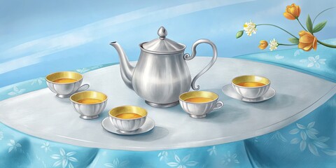 Fototapeta premium A silver tea set elegantly arranged with golden cups.