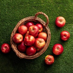 Top view of green grass with red apples and basket on it Generative AI