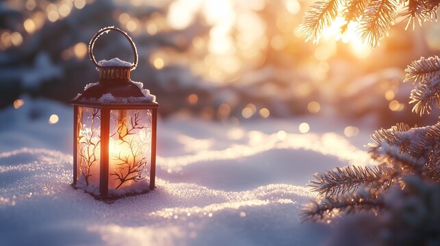 Christmas lantern on snow with fir branch in the sunlight. winter decoration background.