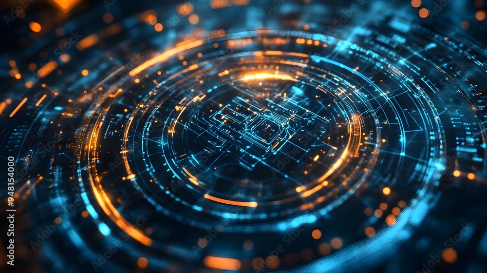 Poster futuristic digital interface with floating transparent holographic circles symbolizing innovation