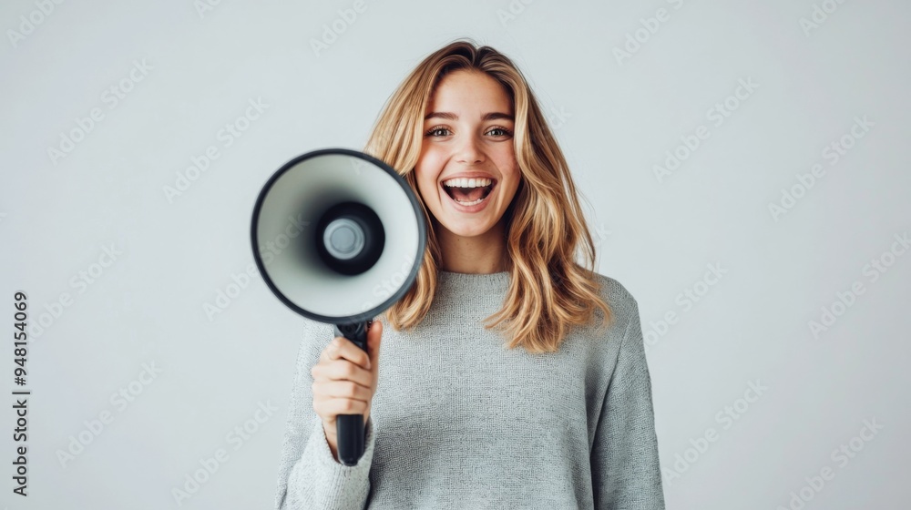 Wall mural a happy woman holding a megaphone with a big smile