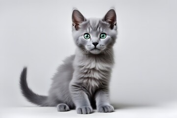 Fototapeta premium A regal russian blue kitten with silvery blue fur and green eyes sitting gracefully on a white back, AI Generated