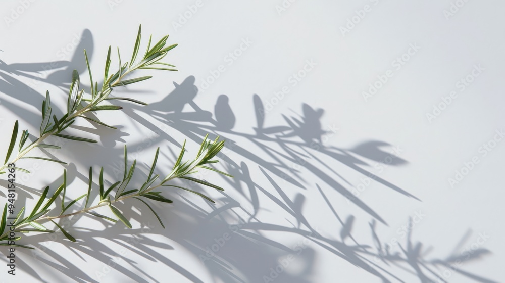 Poster rosemary sprig casting a delicate shadow on a smooth white background, highlighting the intricate ne