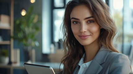 Portrait of happy businesswoman with touchpad in office looking at camera.