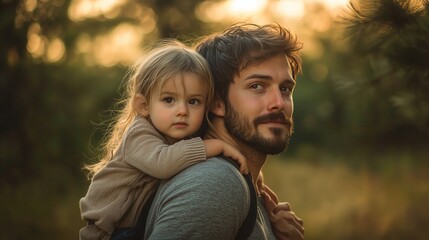 Fototapeta premium Portrait of young father carrying his daughter on his back.