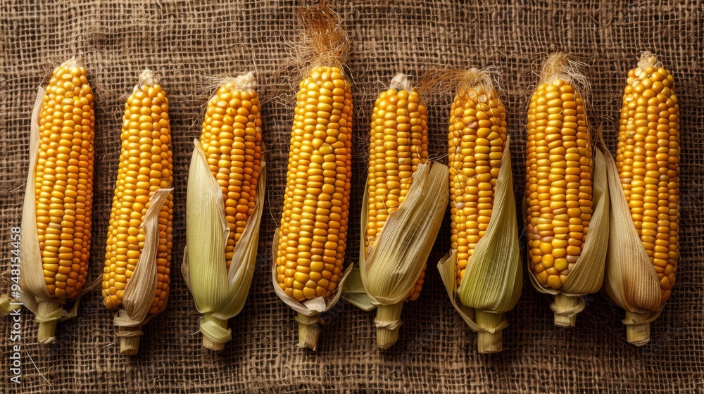 Poster Rows of corn cobs lying on a burlap sack emphasizing texture and color