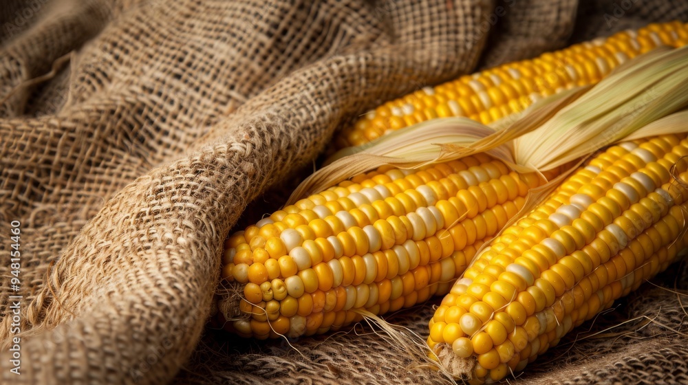Poster Rows of corn cobs lying on a burlap sack emphasizing texture and color