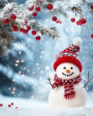 Obraz premium Cheerful snowman in a snowy landscape celebrating Christmas and New Year