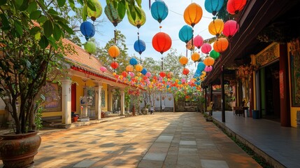 Fototapeta premium Colorful Southeast Asian lanterns hanging in a temple courtyard, festive atmosphere, no people