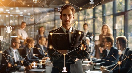 Business team and network of business people with glowing connection lines in office, double exposure effect. Human resources concept.