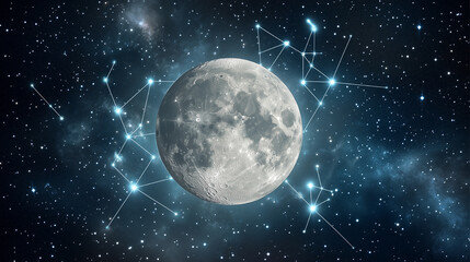 Fototapeta premium Blue moon surrounded by stars and constellations. Concept of wonder and awe at the vastness of the universe and the beauty of the night sky. astrology