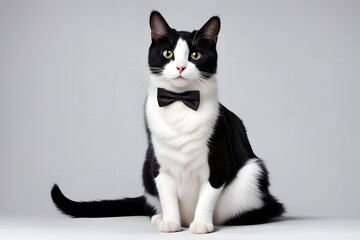 A sleek black and white tuxedo cat sitting elegantly on a white background, AI Generated